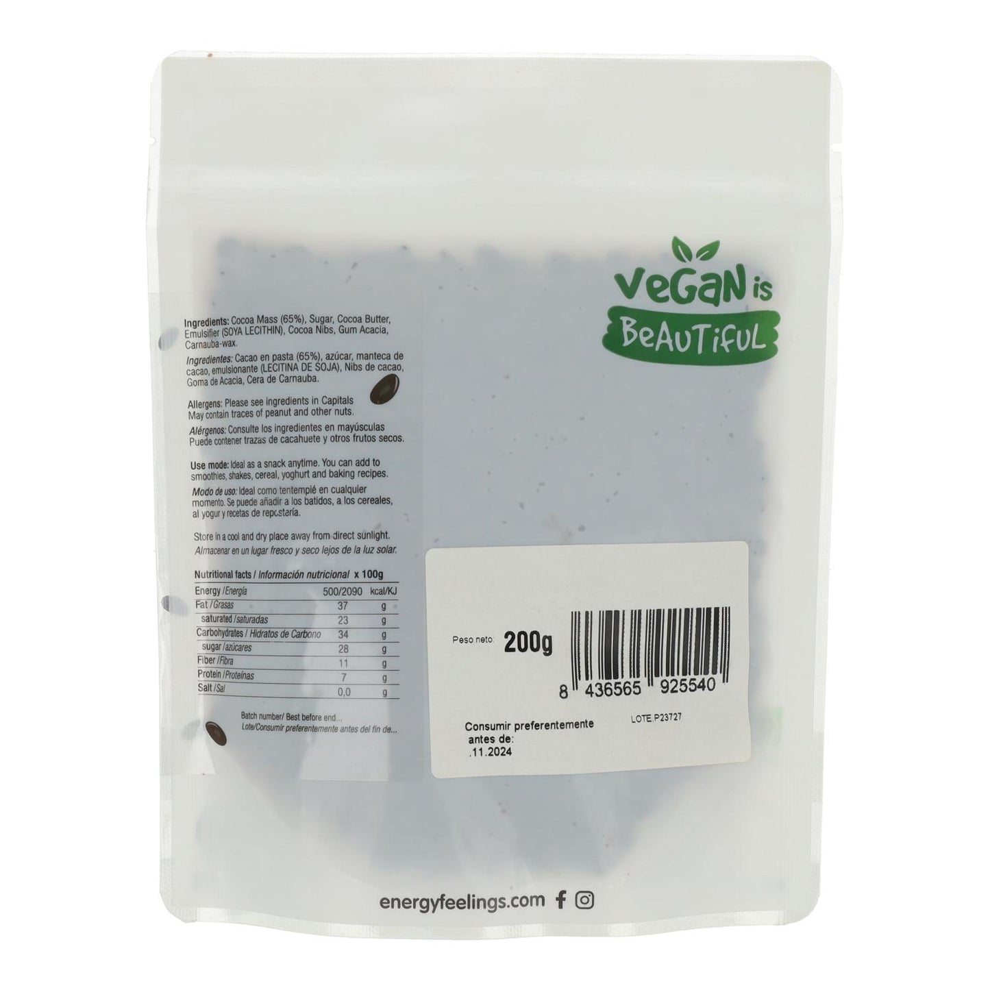 CHOKLADDRÄCKTA NIBS: (200 g) Doypack