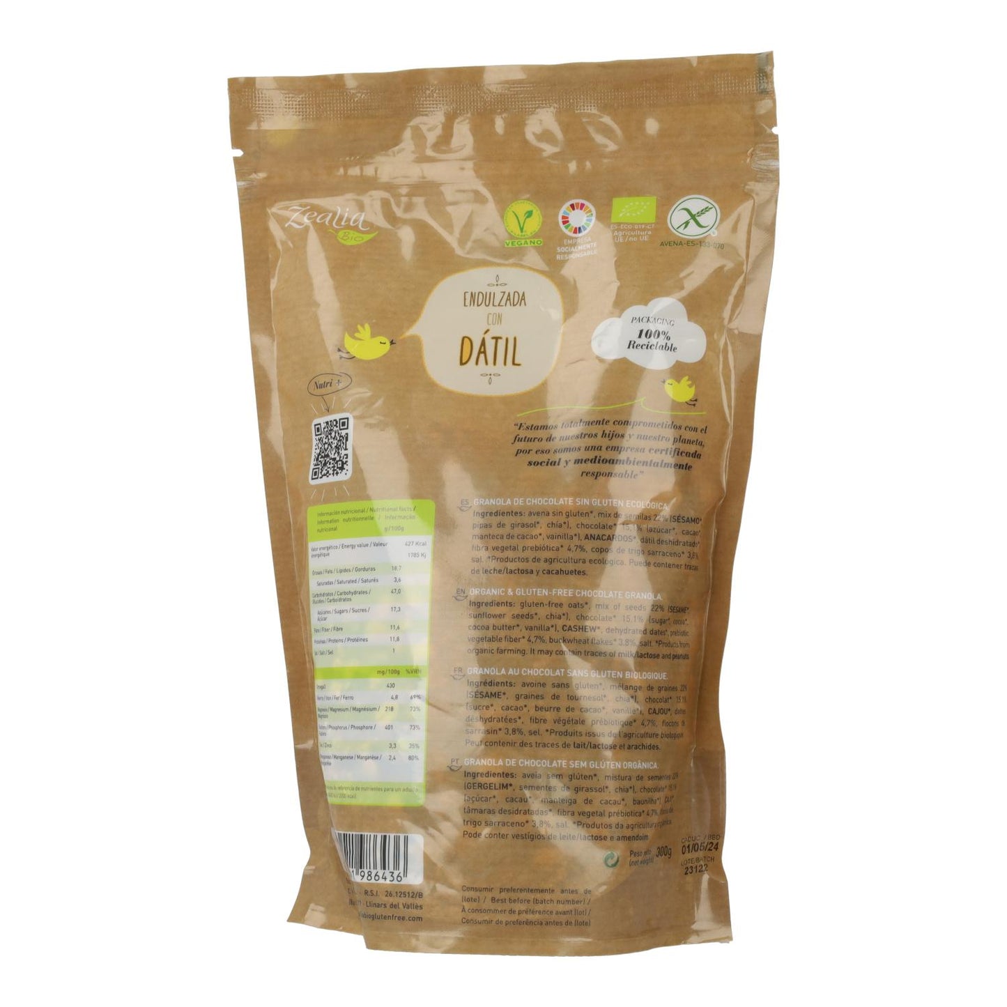 Glutenfri ekologisk chokladgranola Zealia 300 g