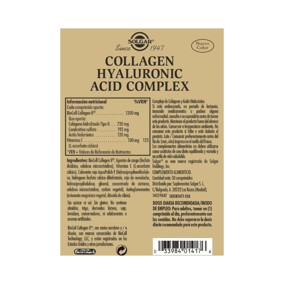 Pack 2x Collagène acide hyaluronique complexe 30 comprimés 120 mg-Solgar