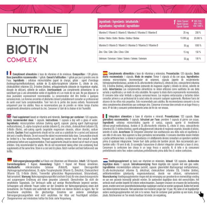 Nutralie Biotin complex 10,000 mcg for hair, skin and nails, 120 capsules