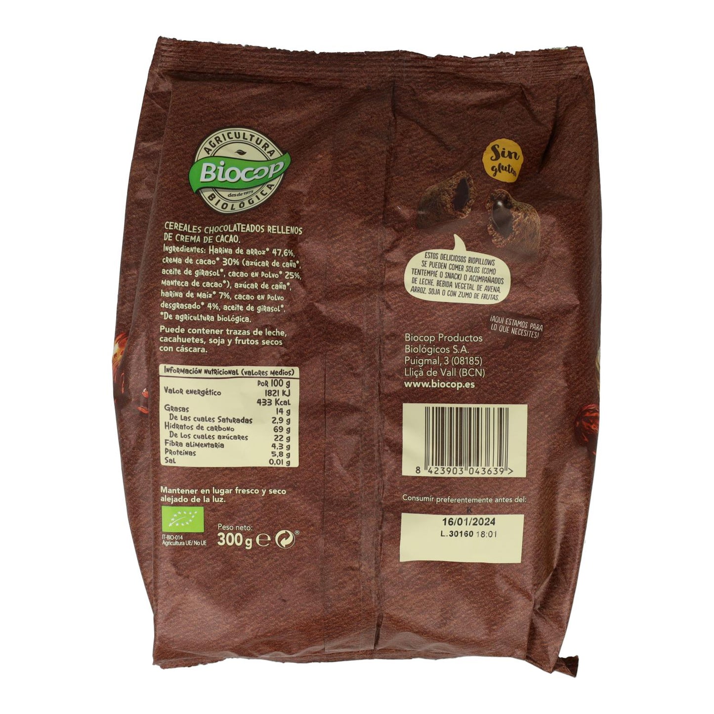 Biopillows glutenfria chokladfyllda flingor Biocop 300 g