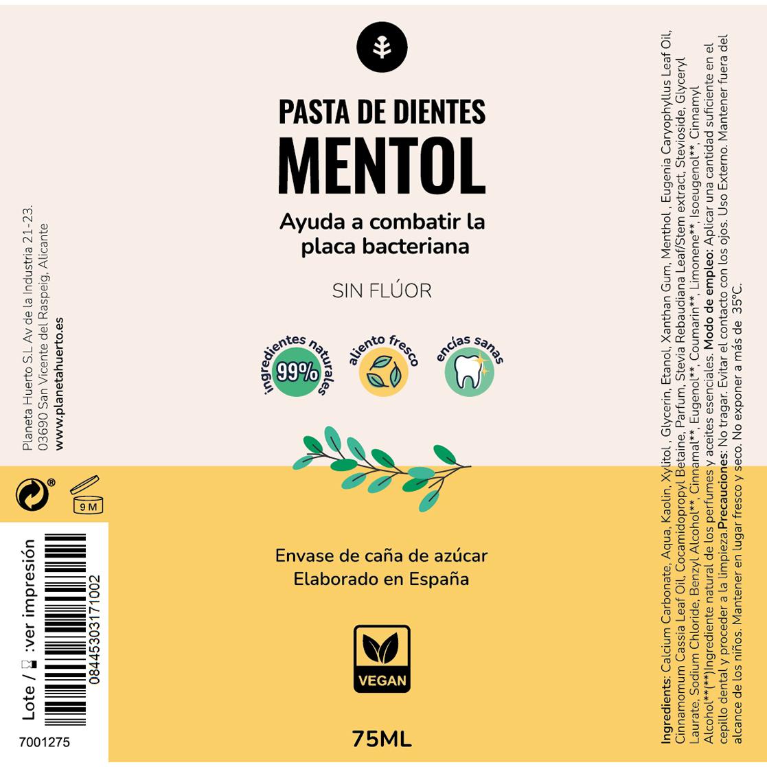 Tandkräm utan fluor Menthol Planeta Huerto 75 ml