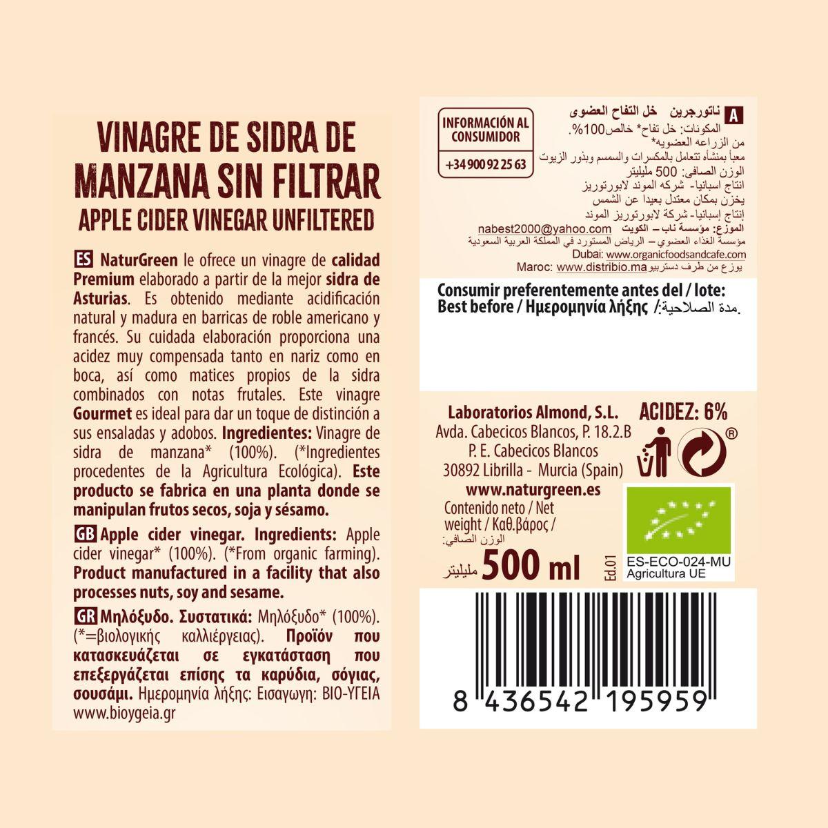 Vinaigre de cidre de pomme bio non filtré NaturGreen 500 ml