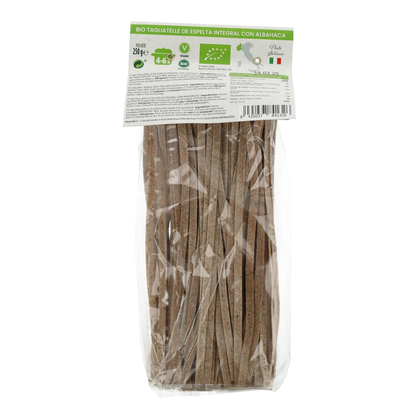 Tagliatelles complètes à l'épeautre et au basilic BIO Sol Natural 250 g