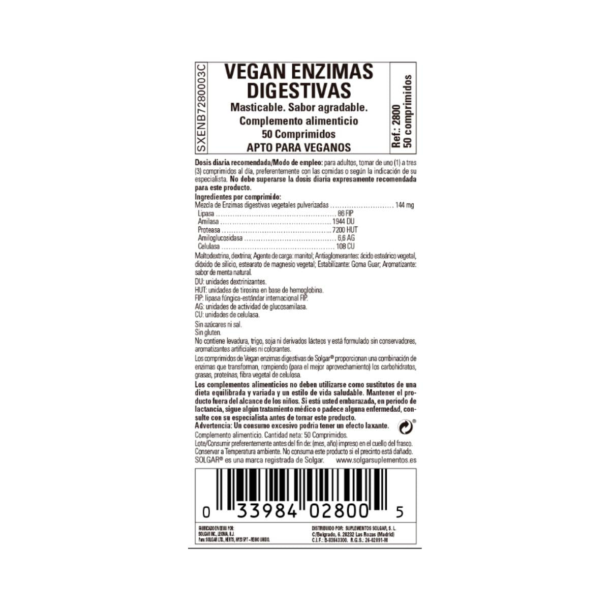 Enzymes digestives végétaliennes, 50 comprimés à croquer