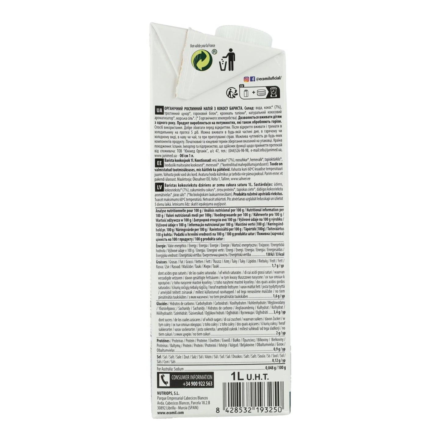 Plantaardige kokosdrank Barista BIO EcoMil 1 l