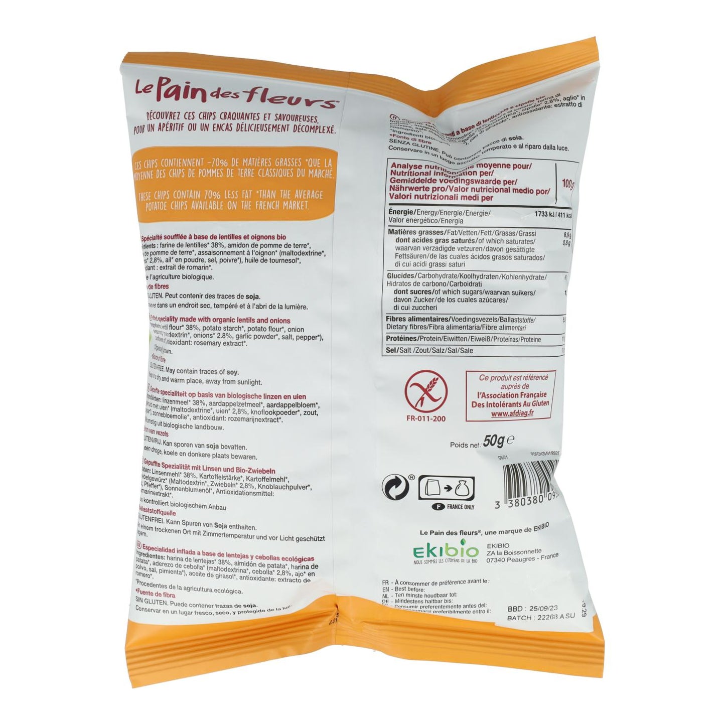 Chips di lenticchie con cipolla senza glutine Le Pain des Fleurs 50 g