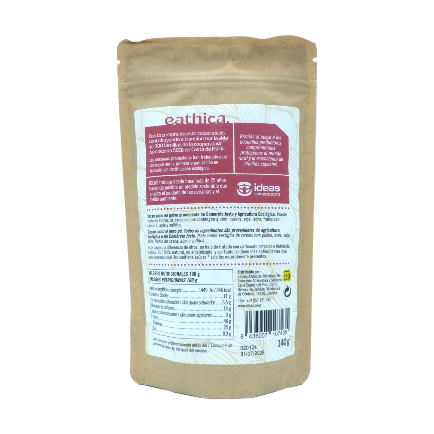 Cacao puro sin azúcar Eathica BIO 140g