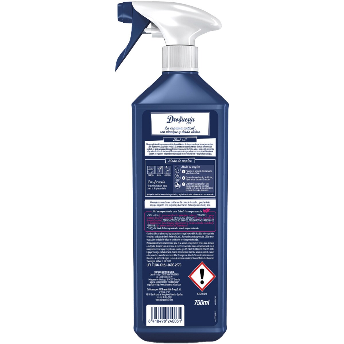 Nettoyant moussant anticalcaire à base de vinaigre et d'acide citrique, parfum framboise, flacon pulvérisateur, LA DROGUERIA 1919, 750 ml