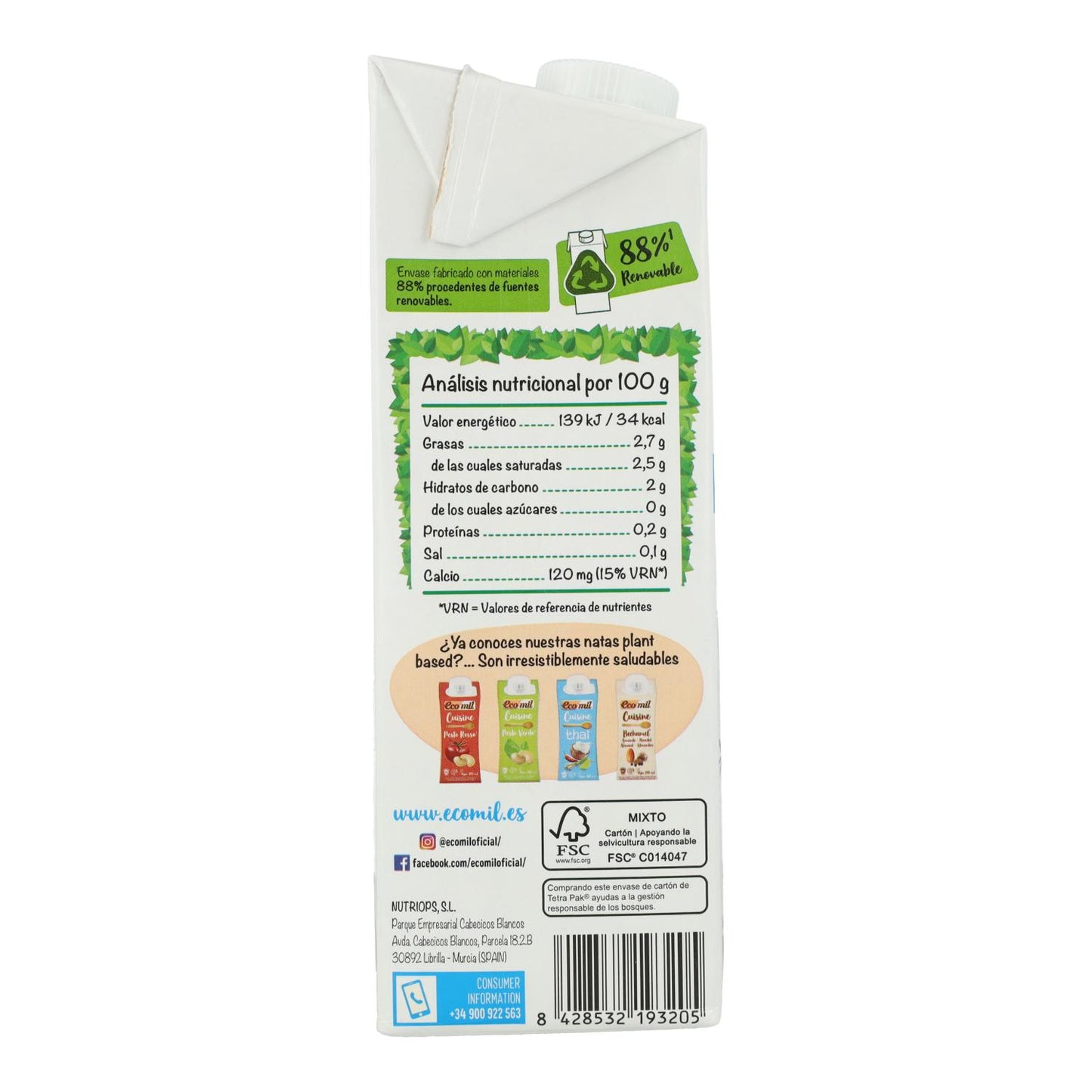 Lot de 6 bouteilles d'Ecomil, boisson à la noix de coco sans sucre enrichie en calcium, 1 L