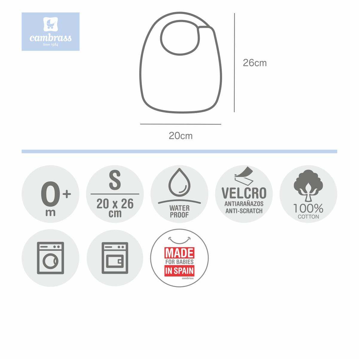 Vierkant slabbetje met klittenband, lichtblauw, 20 x 26 cm. Kleur: roze