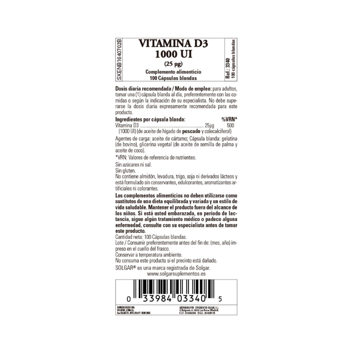 Vitamine D3 1000 IE, 100 capsules van 25 μg