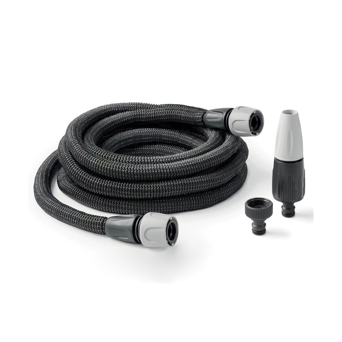 Ausziehbarer Schlauch Aquapop Grey Easy 15 m mit ergonomischer Lanze, Anschlüssen und Wasserhahnaufsatz