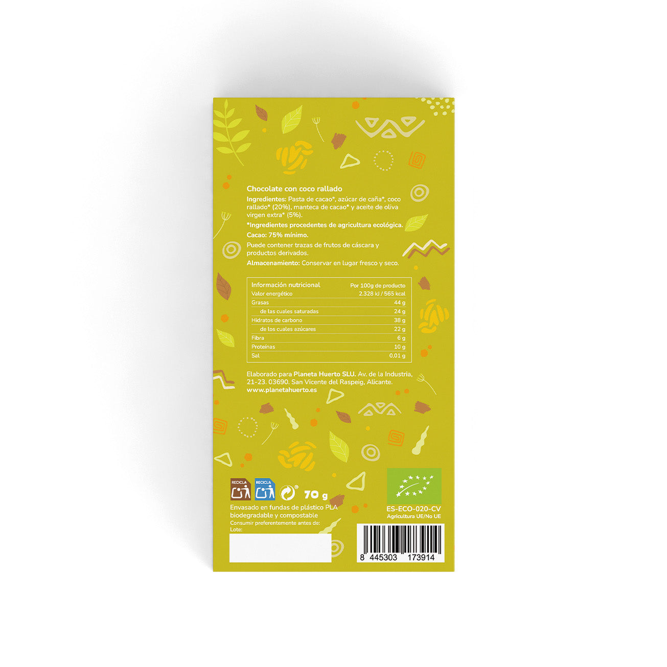 75% chokladkaka med riven kokosnöt ECO Planeta Huerto 70 g
