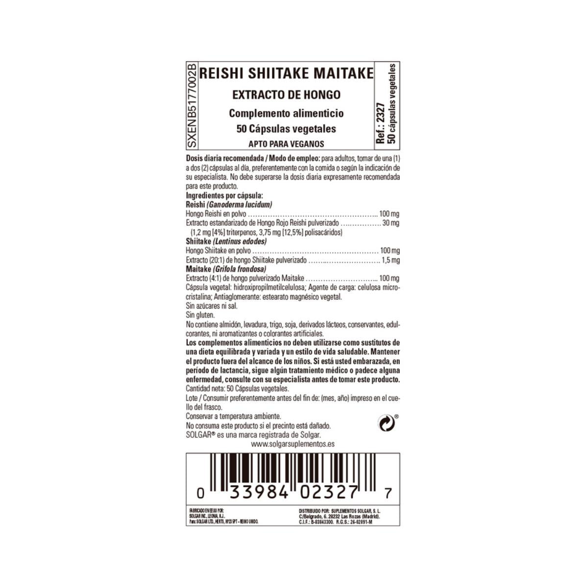 Reishi Shiitake Maitake Solgar 50 gélules végétales