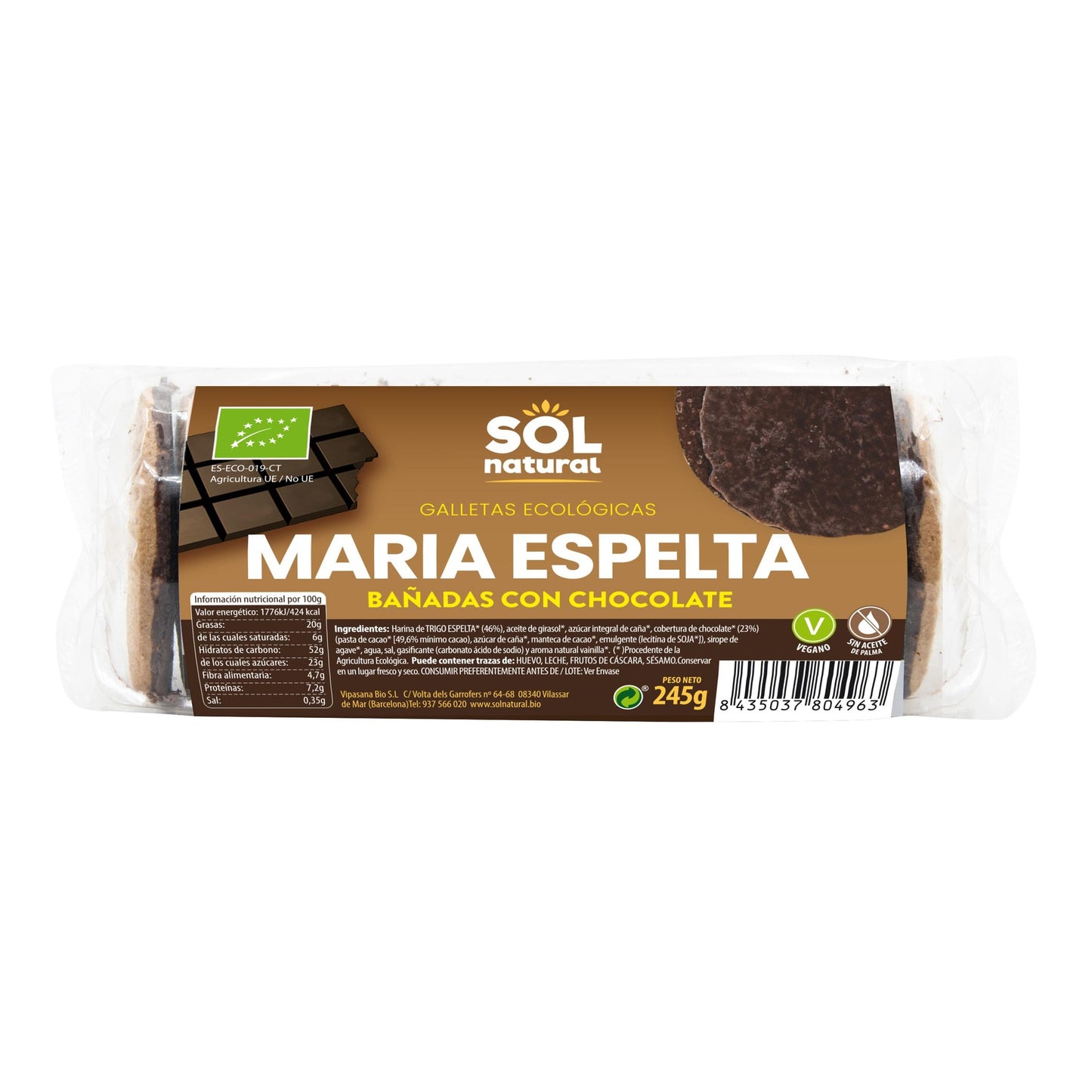 Maria-kex av spelt doppade i ekologisk choklad Sol Natural 245 g