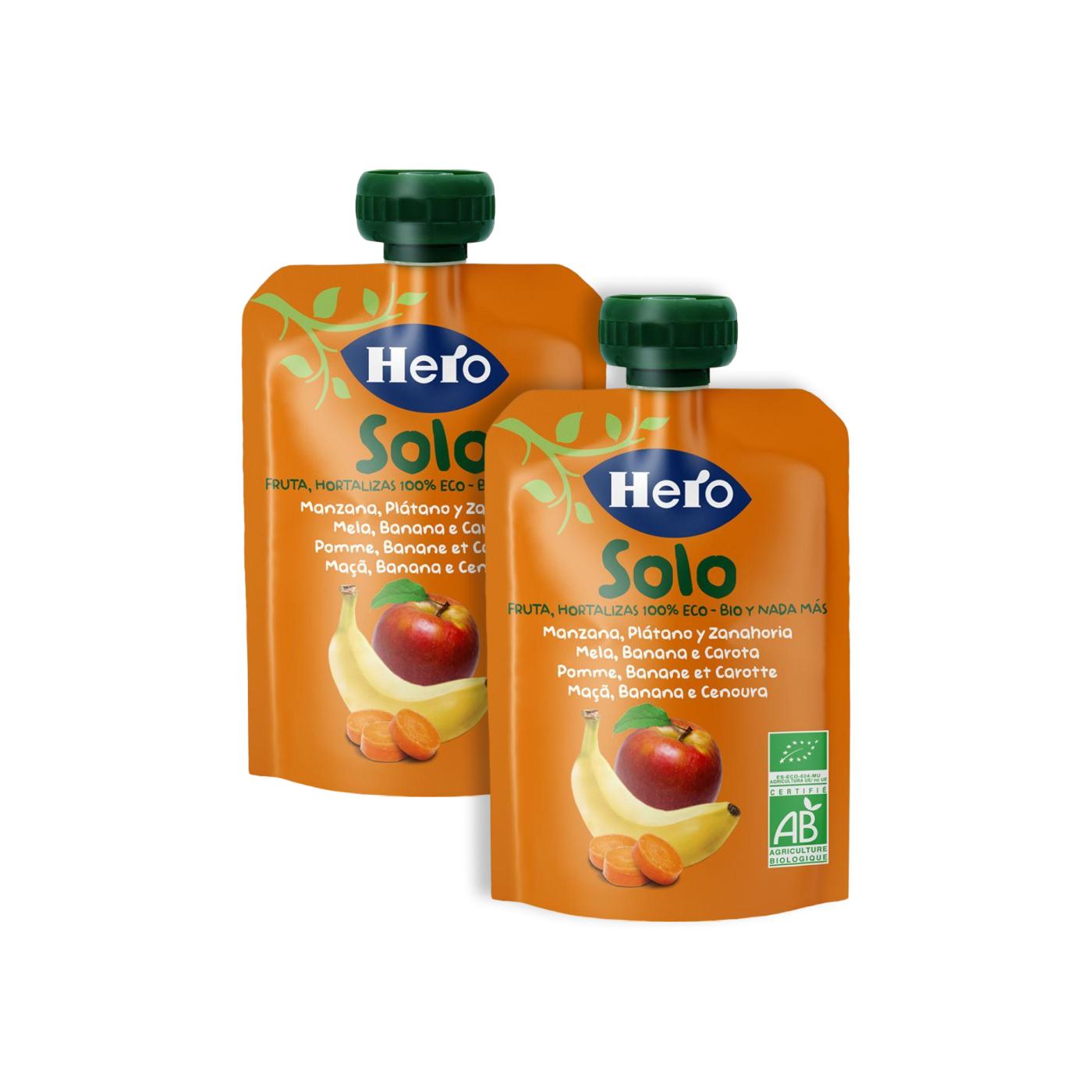 Promotional pack of 2x 100% Organic Apple, Banana and Carrot Bags 100 g - Hero Solo
