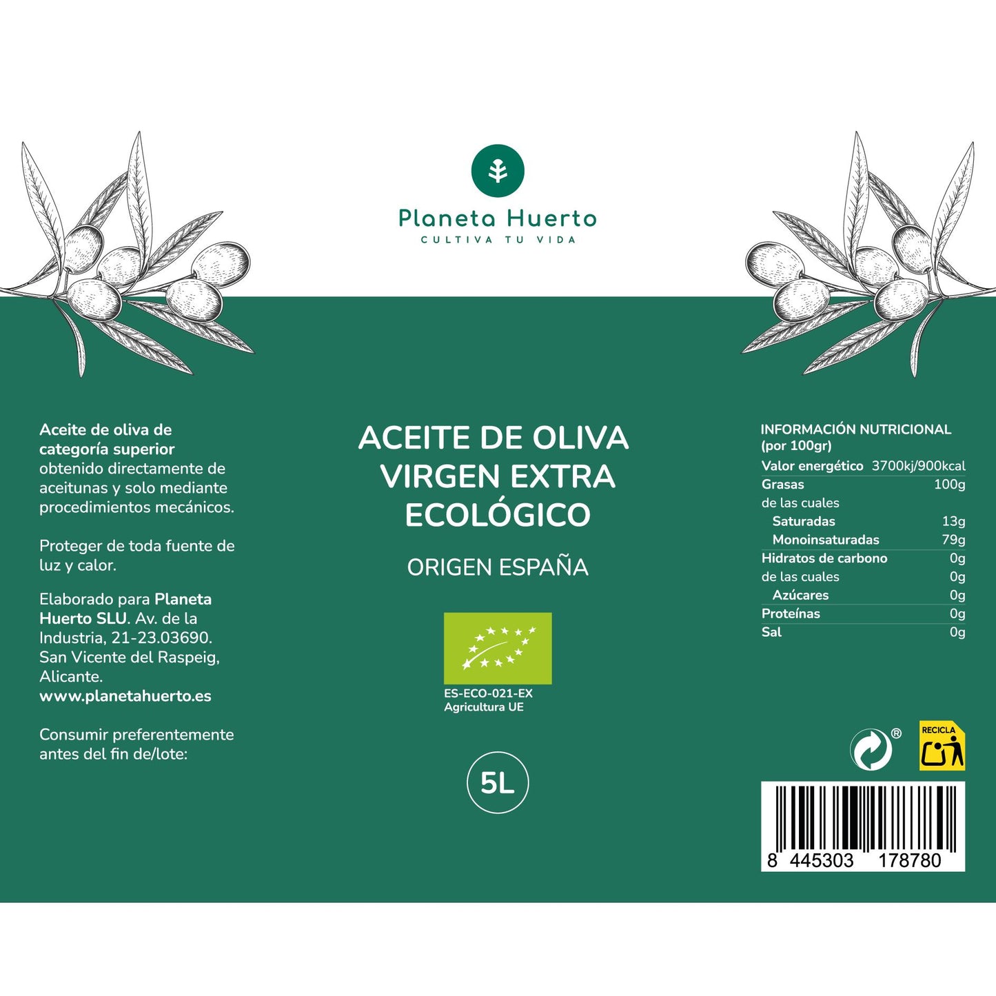 Natives Olivenöl Extra ECO Planeta Huerto 5 L