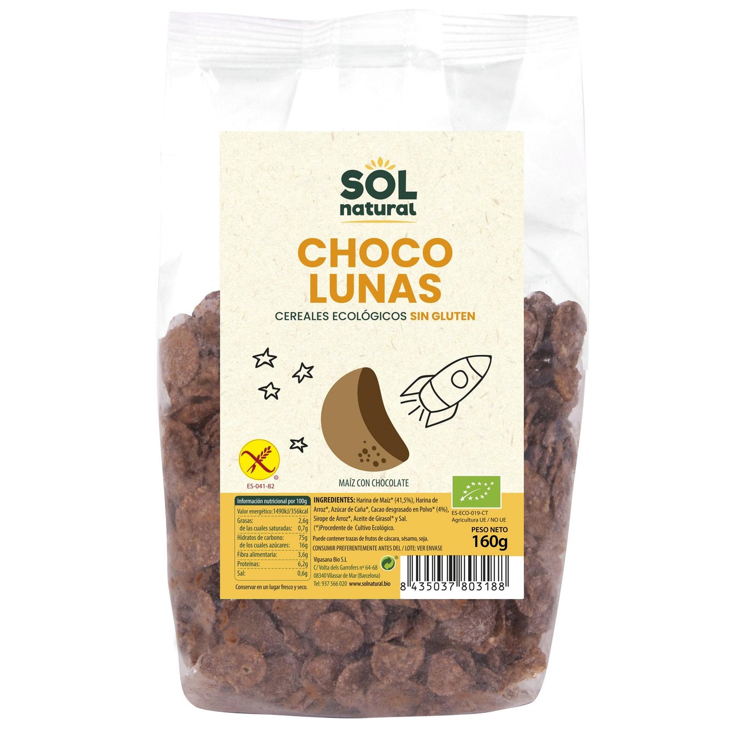 Glutenfreie Bio-Cornflakes Choco Lunas von Sol Natural 160 g