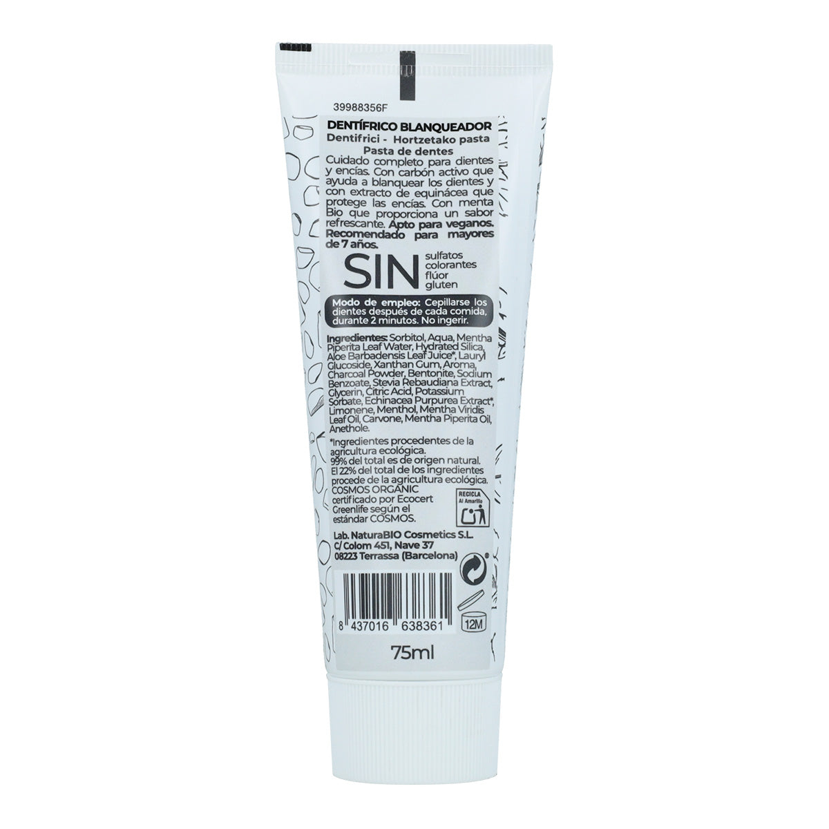 Dentifrice au charbon actif et à la menthe Blanchissant Bio NaturaBio 75 ml