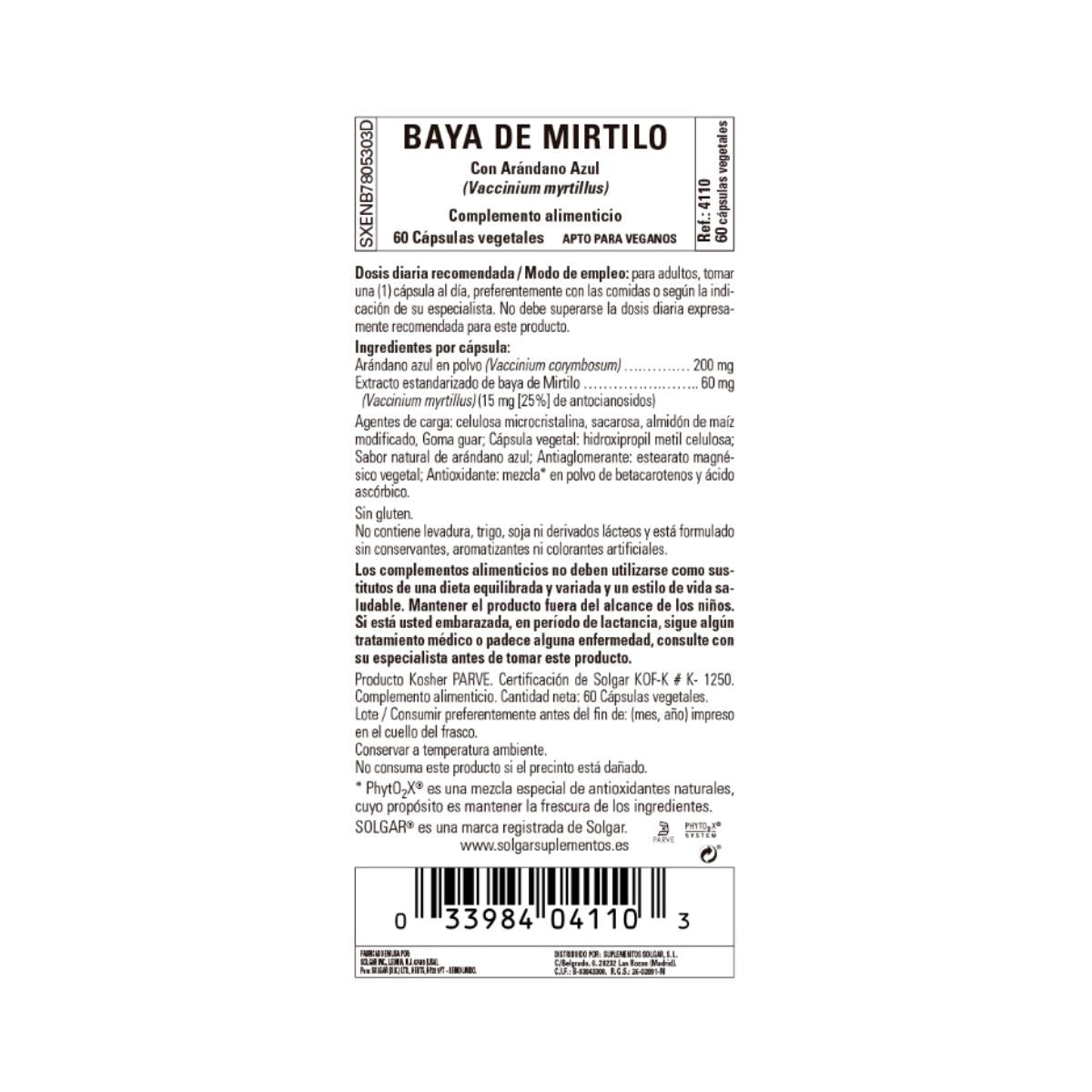 Extrait de myrtille et de canneberge (Vaccinium myrtillus), 60 gélules végétales