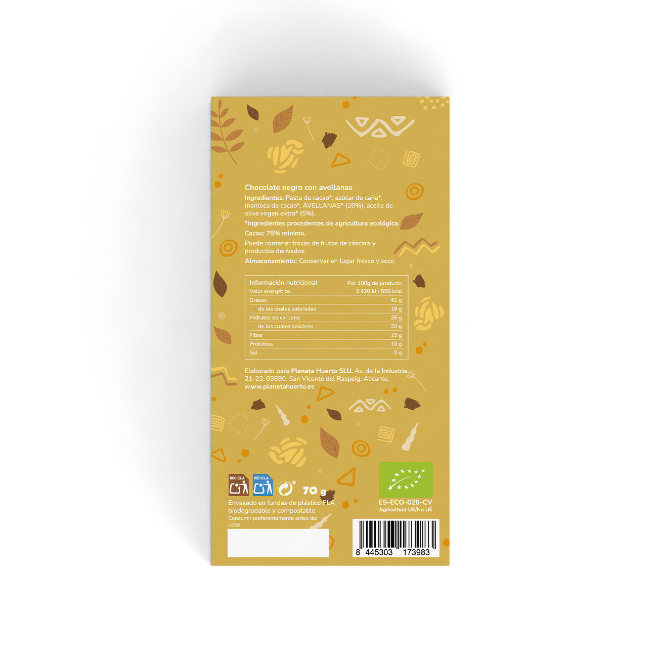 Tafel Zartbitterschokolade 75% mit Haselnüssen ECO Planeta Huerto 70 g