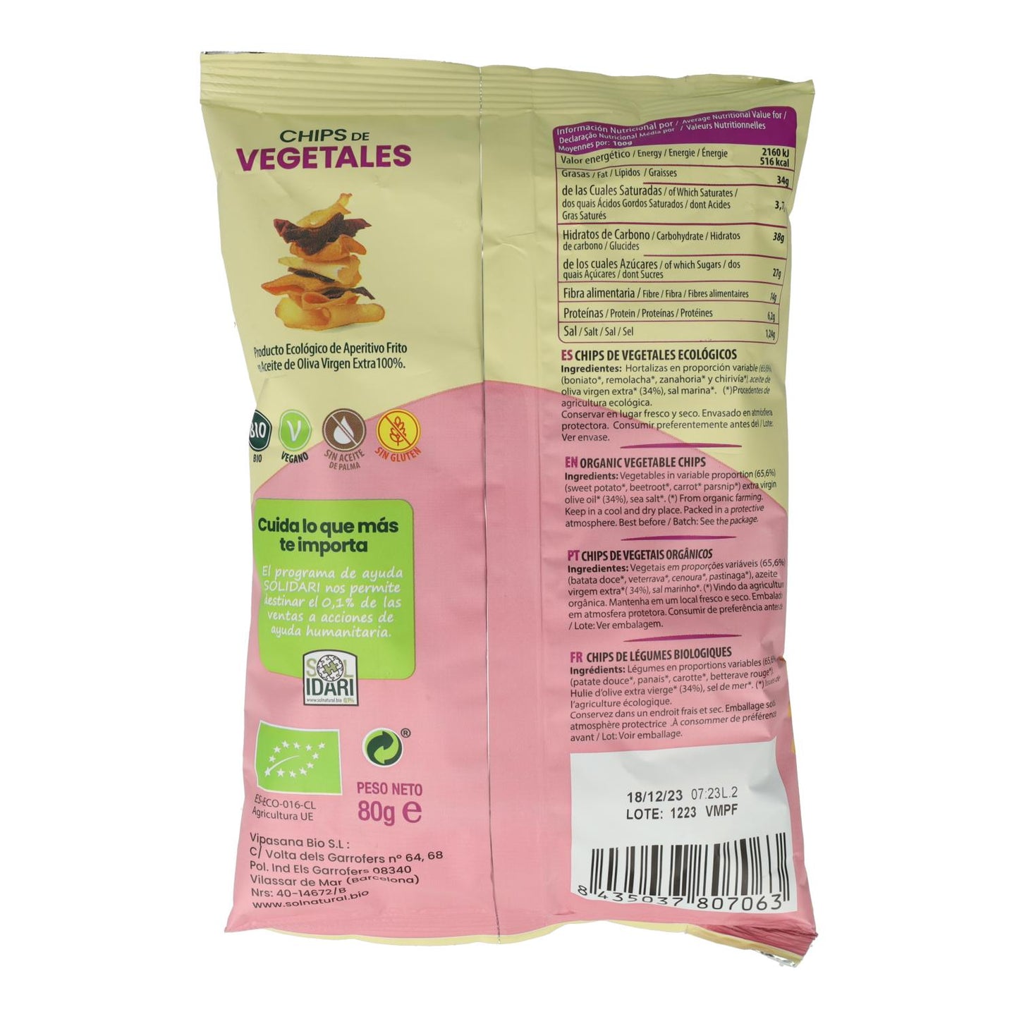 Ekologiska grönsakschips med olivolja Sol Natural 80 g