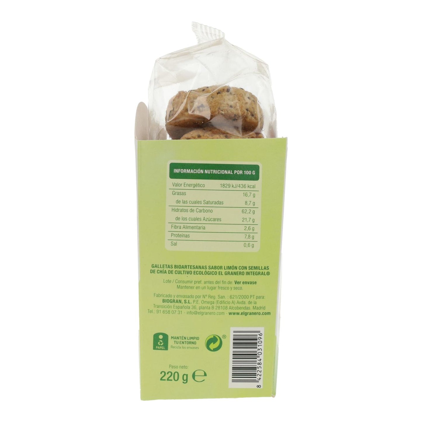 Biscotti artigianali al limone con chia Bio El Granero, 220 g