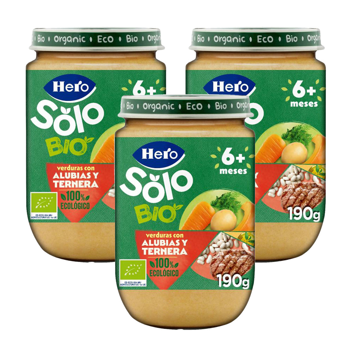 3-pack burkar med bönor och kalvkött Eco +6 månader, Hero Baby SOLO, 190 g