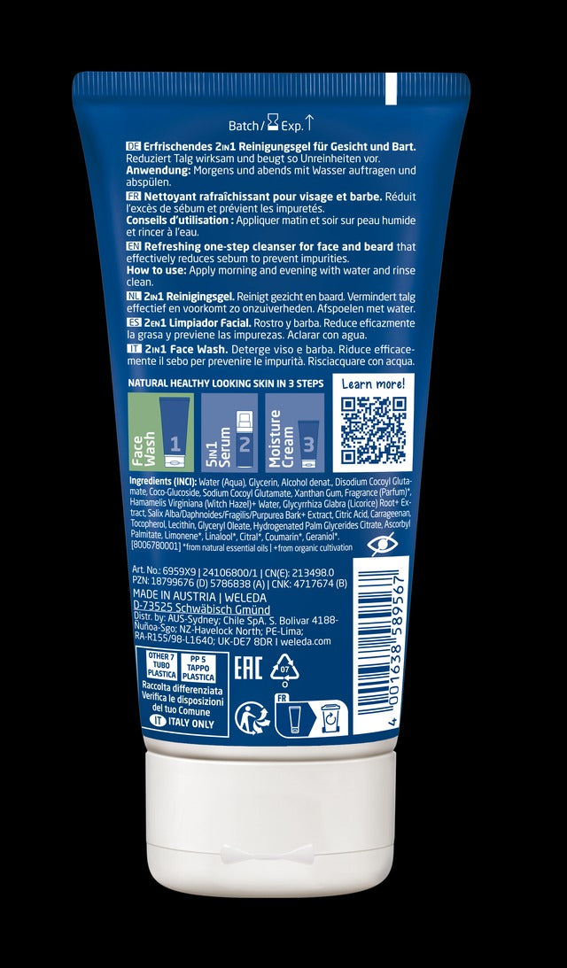 2-i-1 rengöringsgel för ansikte och skägg för män Weleda, 100 ml.