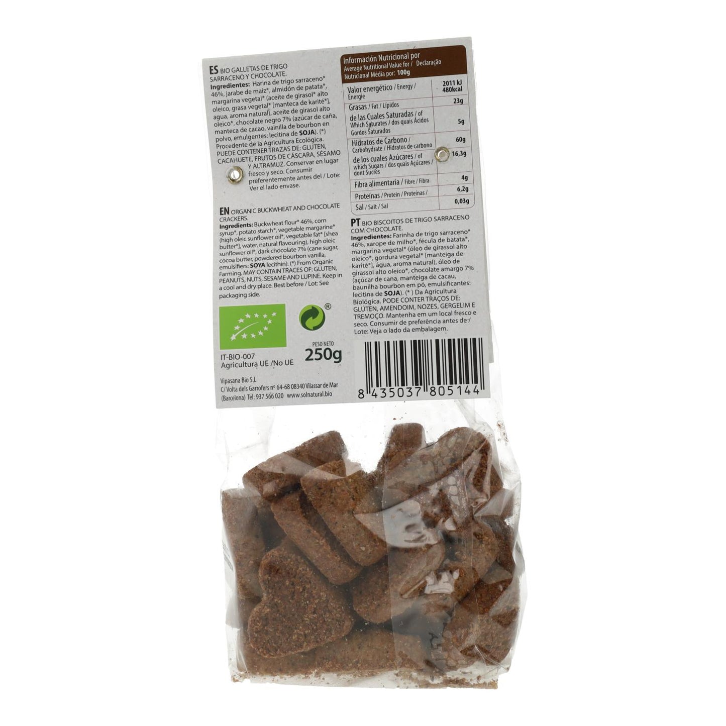 Galletas Corazones de trigo sarraceno con chips de chocolate bio Sol Natural 250 g