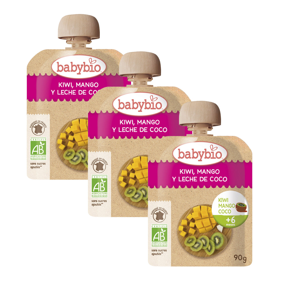 3-pack fruktpåsar: Kiwi, mango och kokosdryck, Babybio, 90 g