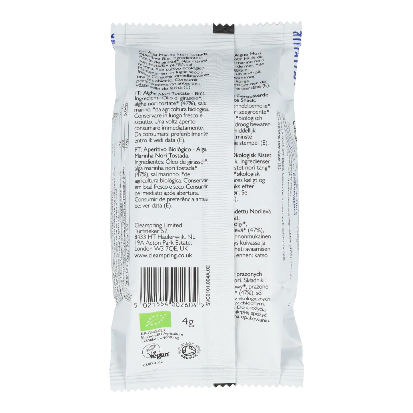 Snack di alga nori tostata biologica Clearspring 4 g