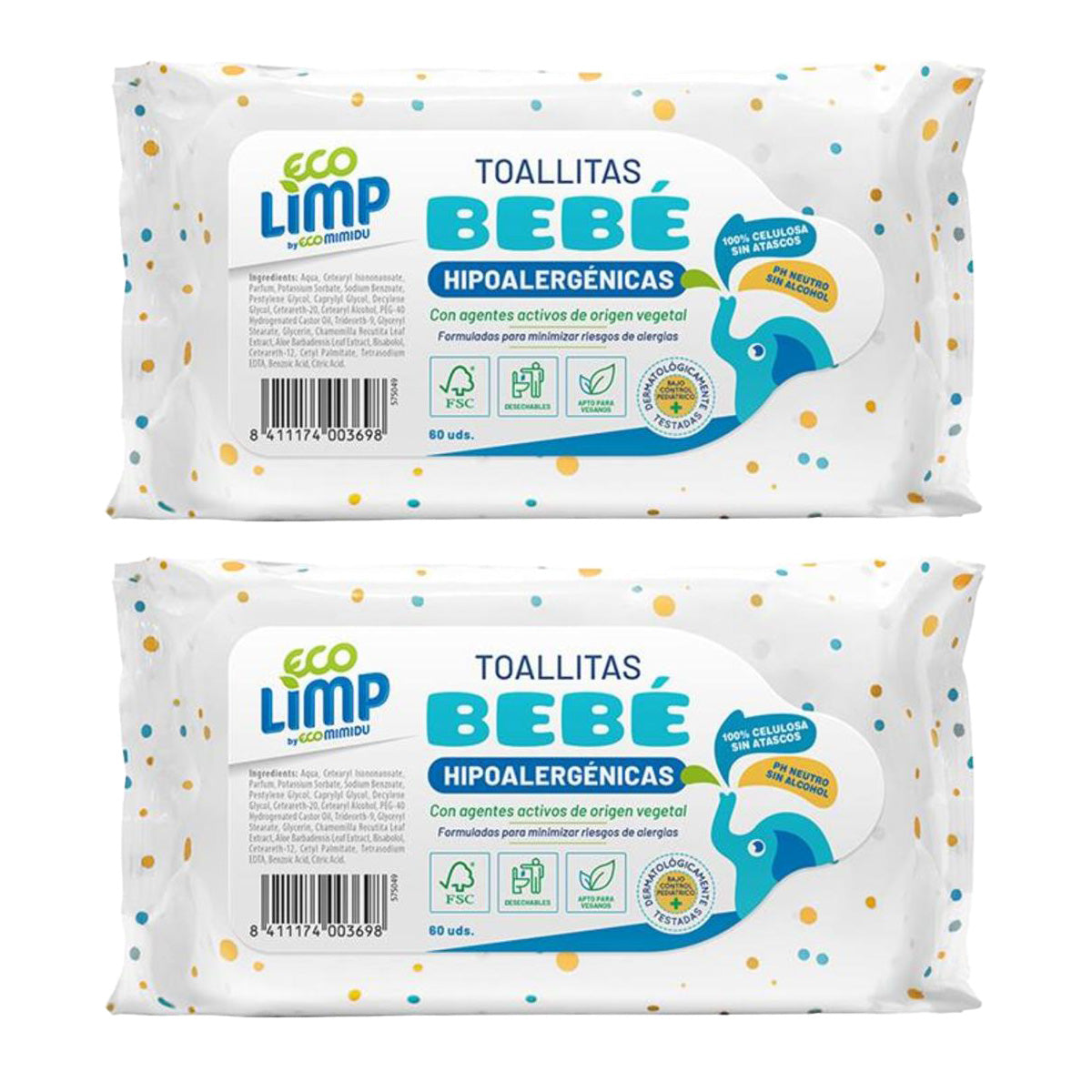 Lot de 2 paquets de lingettes pour bébé Mimidu ECO 60 unités