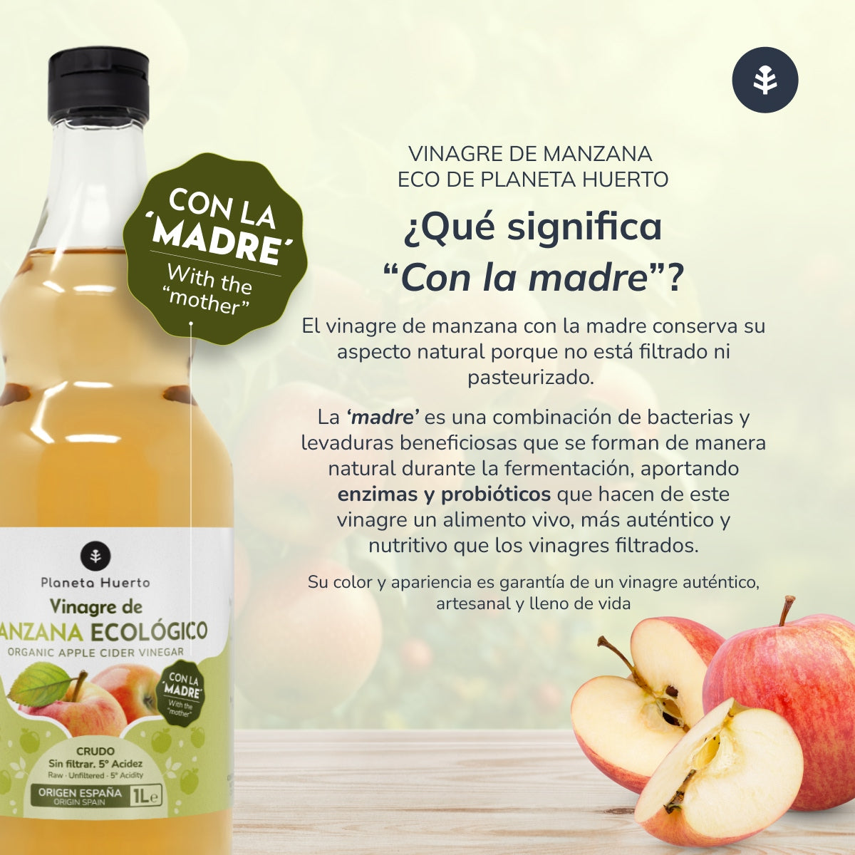 Unfiltered raw organic apple cider vinegar with the mother Planeta Huerto 1L