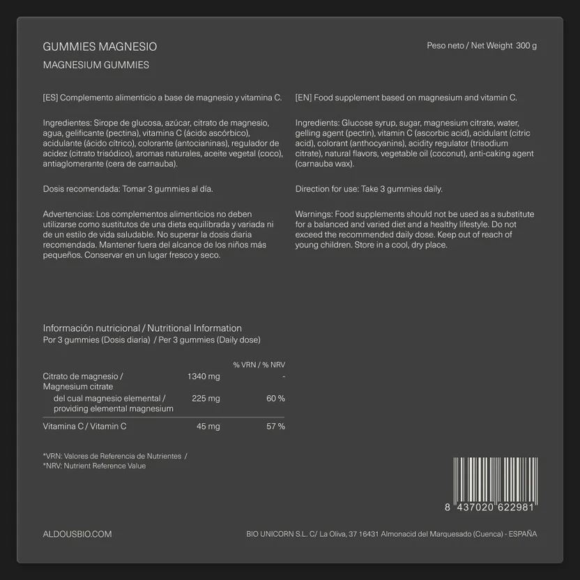 Magnesiumcitrat-Gummibärchen 1340 mg + Vitamin C 45 mg Aldous Bio 120 Gummibärchen