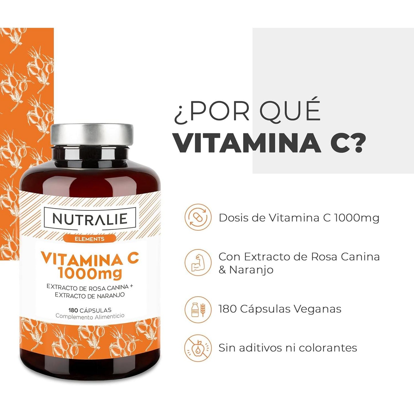 Nutralie Vitamin C 1000 mg Rosehip + Vitamin C Antioxidant 180 capsules