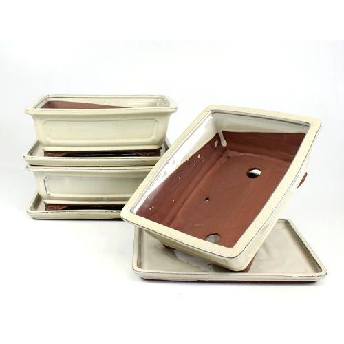 Rechthoekige bonsaipot 25 cm met crèmekleurige schotel