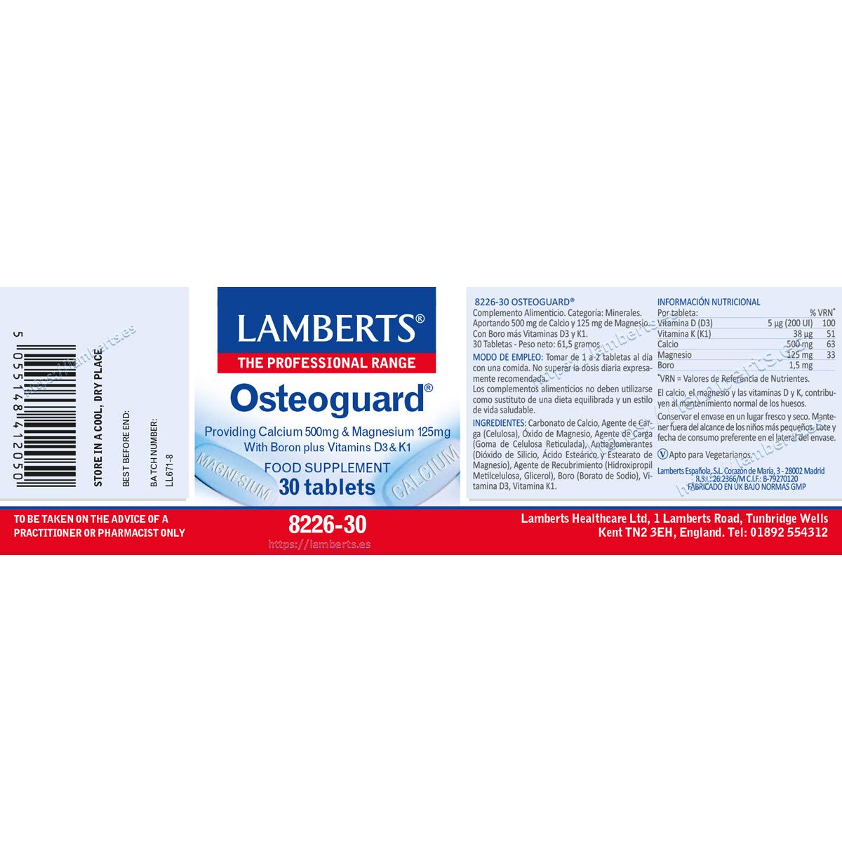 Osteoguard calcium, magnésium, bore, vitamines D et K30 Lamberts 30 comprimés