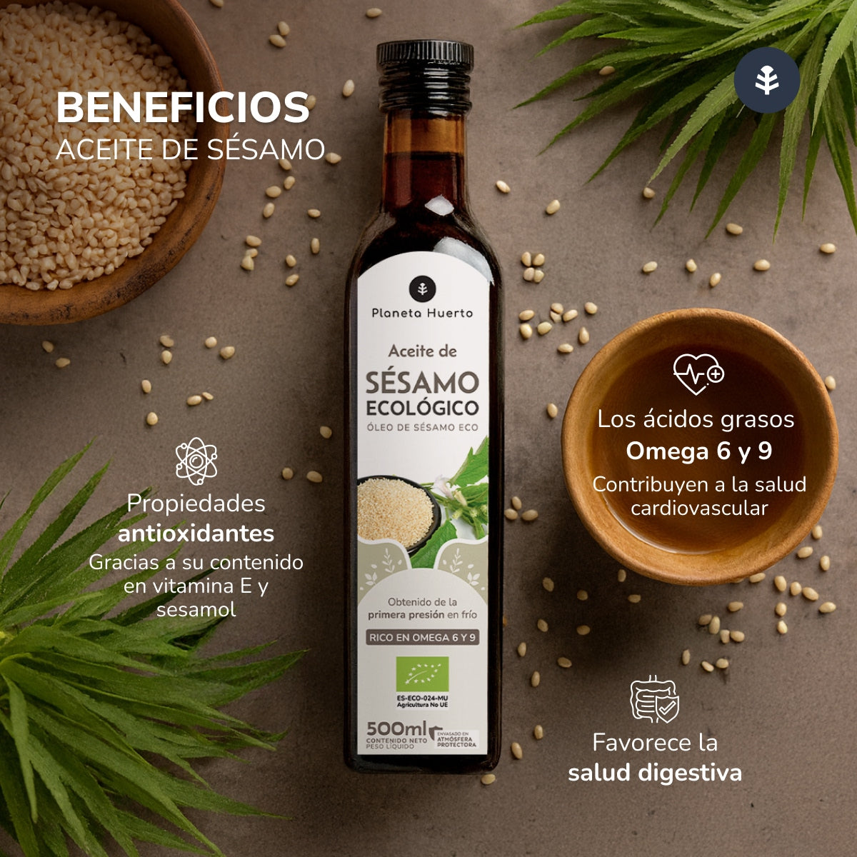 Confezione da 3 oli di sesamo spremuto a freddo ECO Planeta Huerto 500 ml