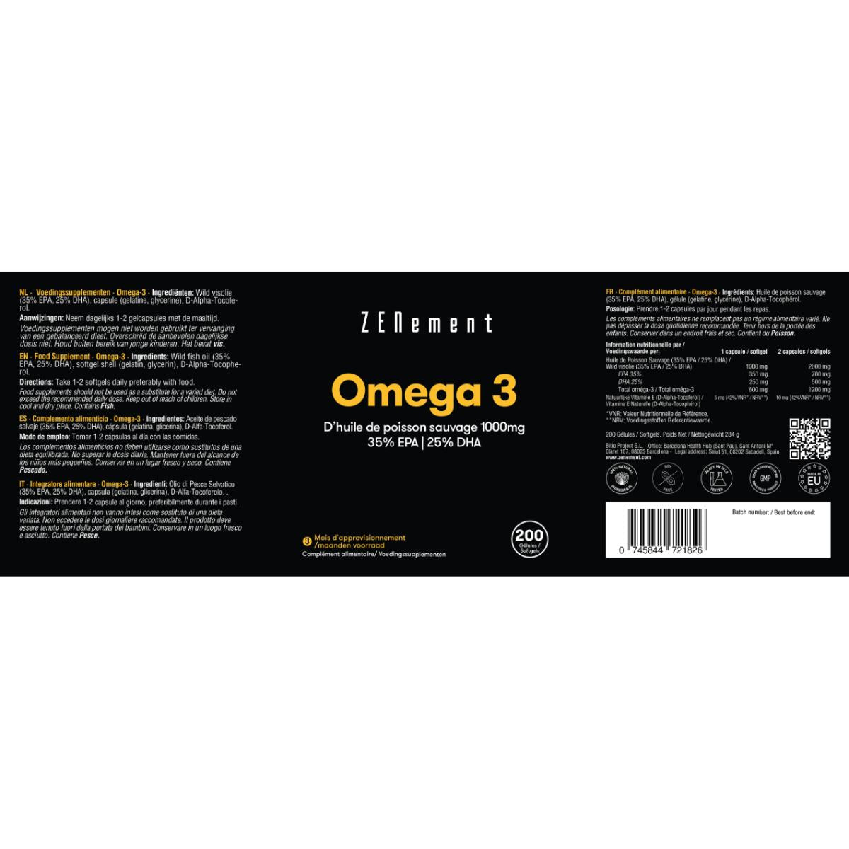 Oméga-3 Concentration maximale, huile de poisson sauvage 1000 mg | 35 % EPA | 25 % DHA Zenement, 200 comprimés