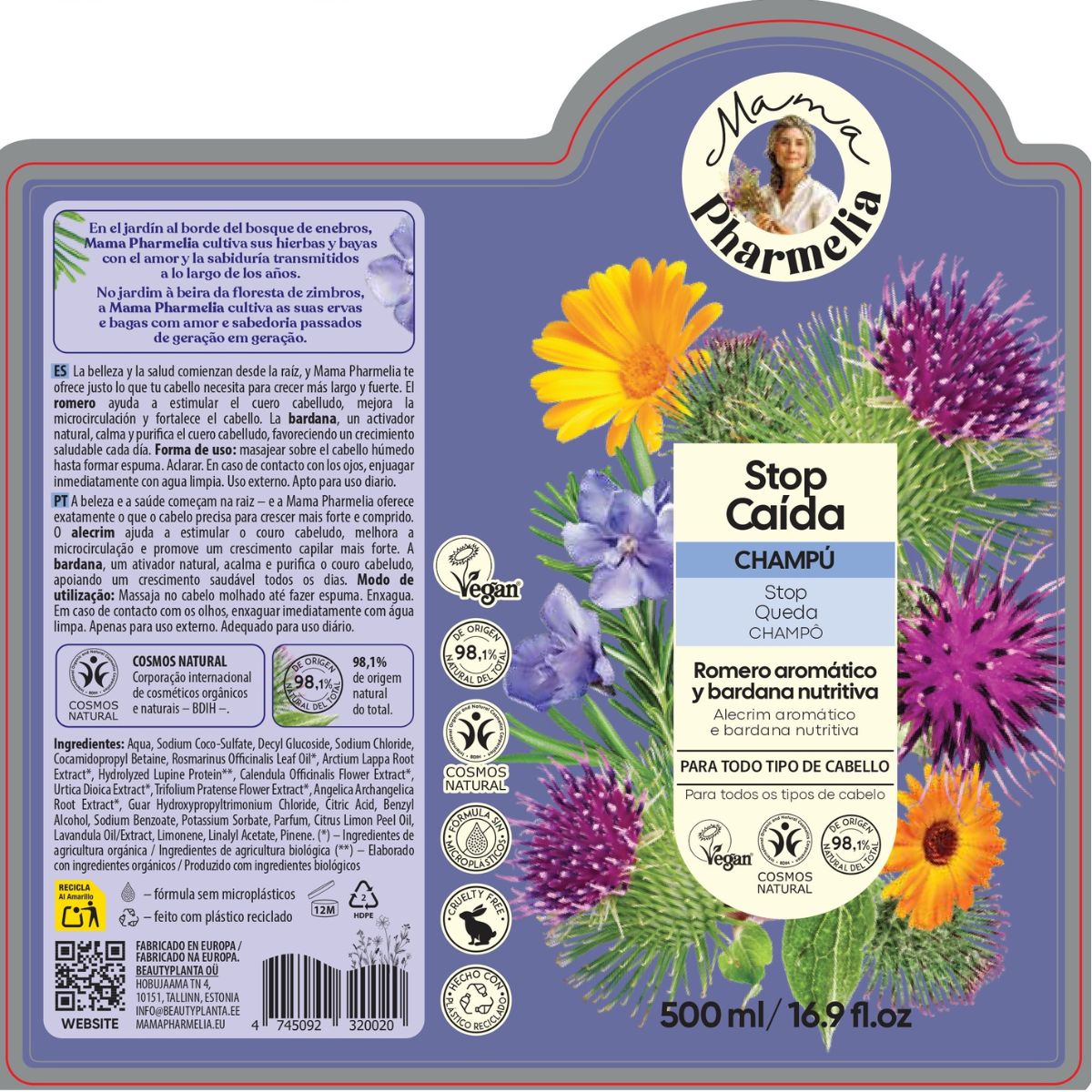 Shampoo gegen Haarausfall mit aromatischem Rosmarin und nährstoffreicher Klette, Mama Pharmelia, 500 ml