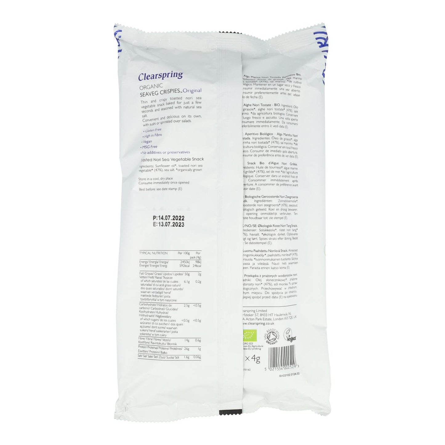 Paquet de 5 sachets de snacks BIO d'algues nori grillées BIO Clearspring 4 g