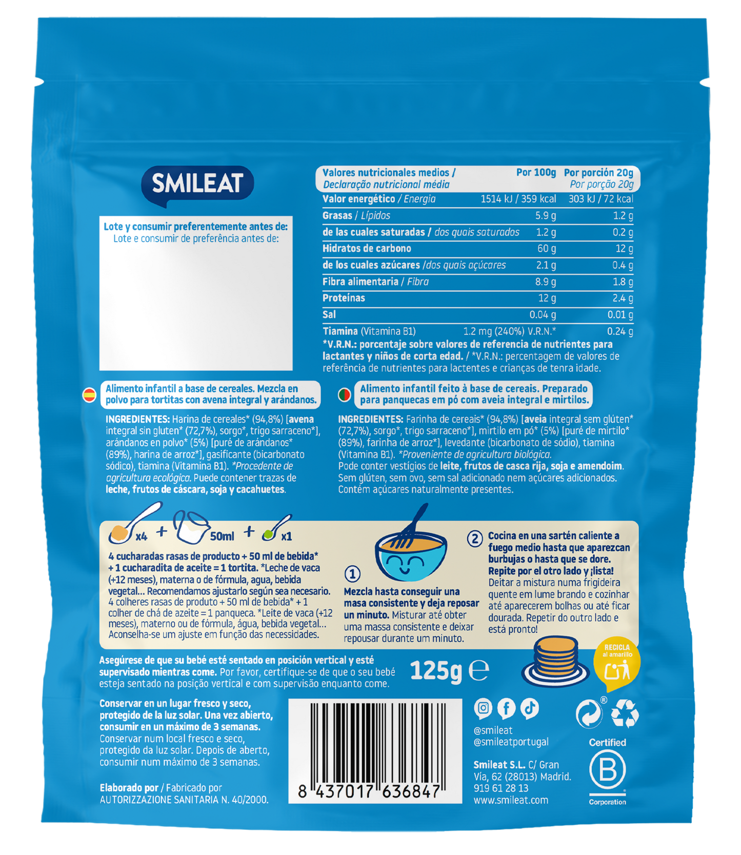 Confezione da 4 mix per pancake integrali all'avena e mirtilli ECO, Smileat, 125 g