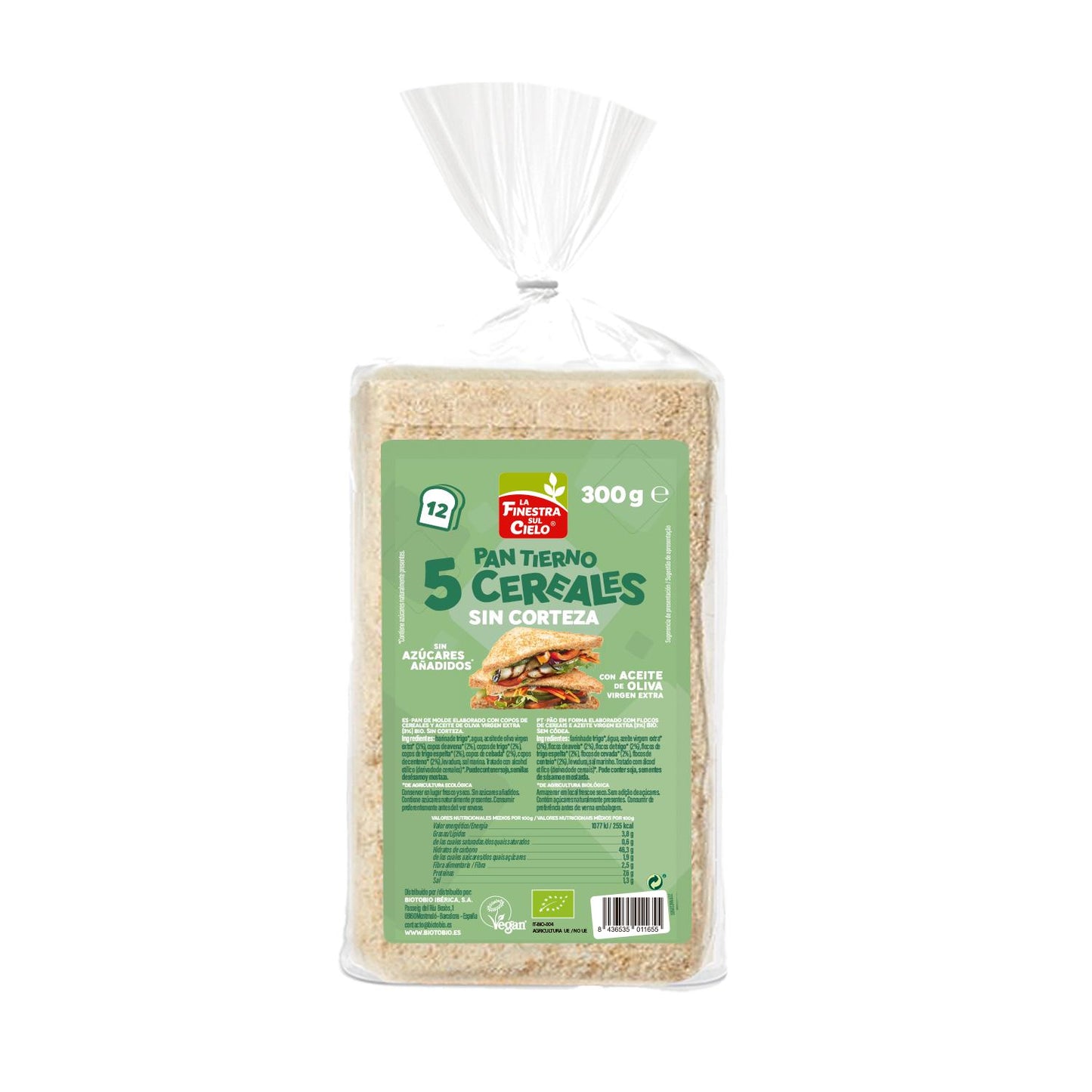 La Finestra Sul Cielo Pain de Tranche Moelleux Bio 5 Grains, Sans Croûte, 300g 