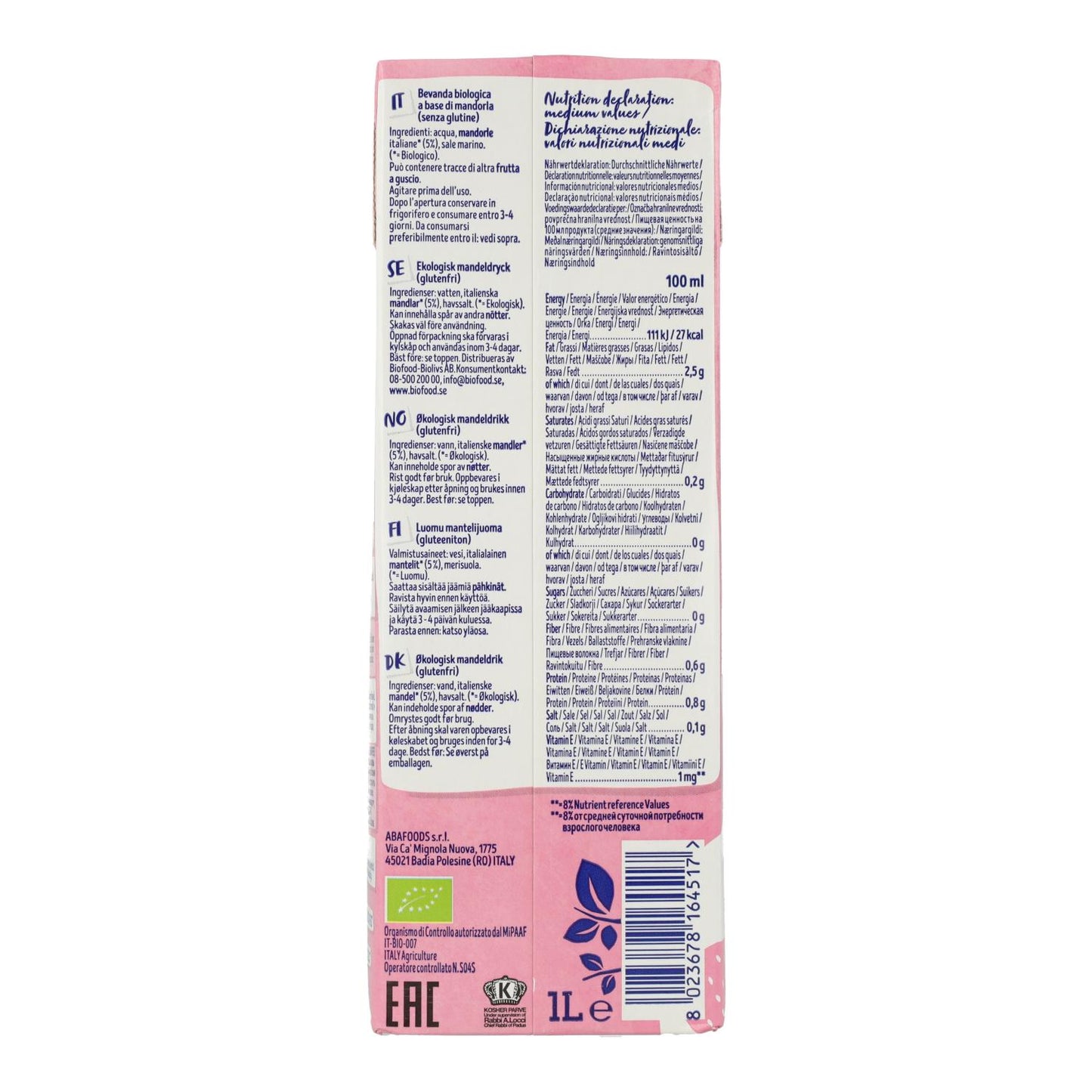 Lot de 6 bouteilles de boisson aux amandes bio sans sucre Isola Bio 1 L