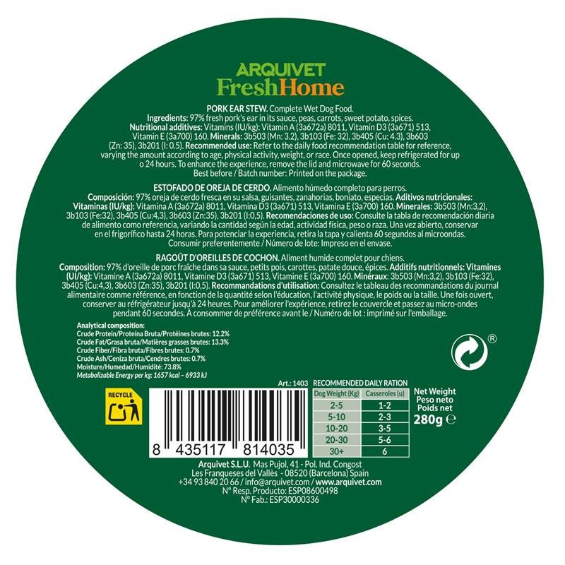Arquivet Fresh Home Pig Ear Stew Natvoer van varkensoren voor honden 280 g