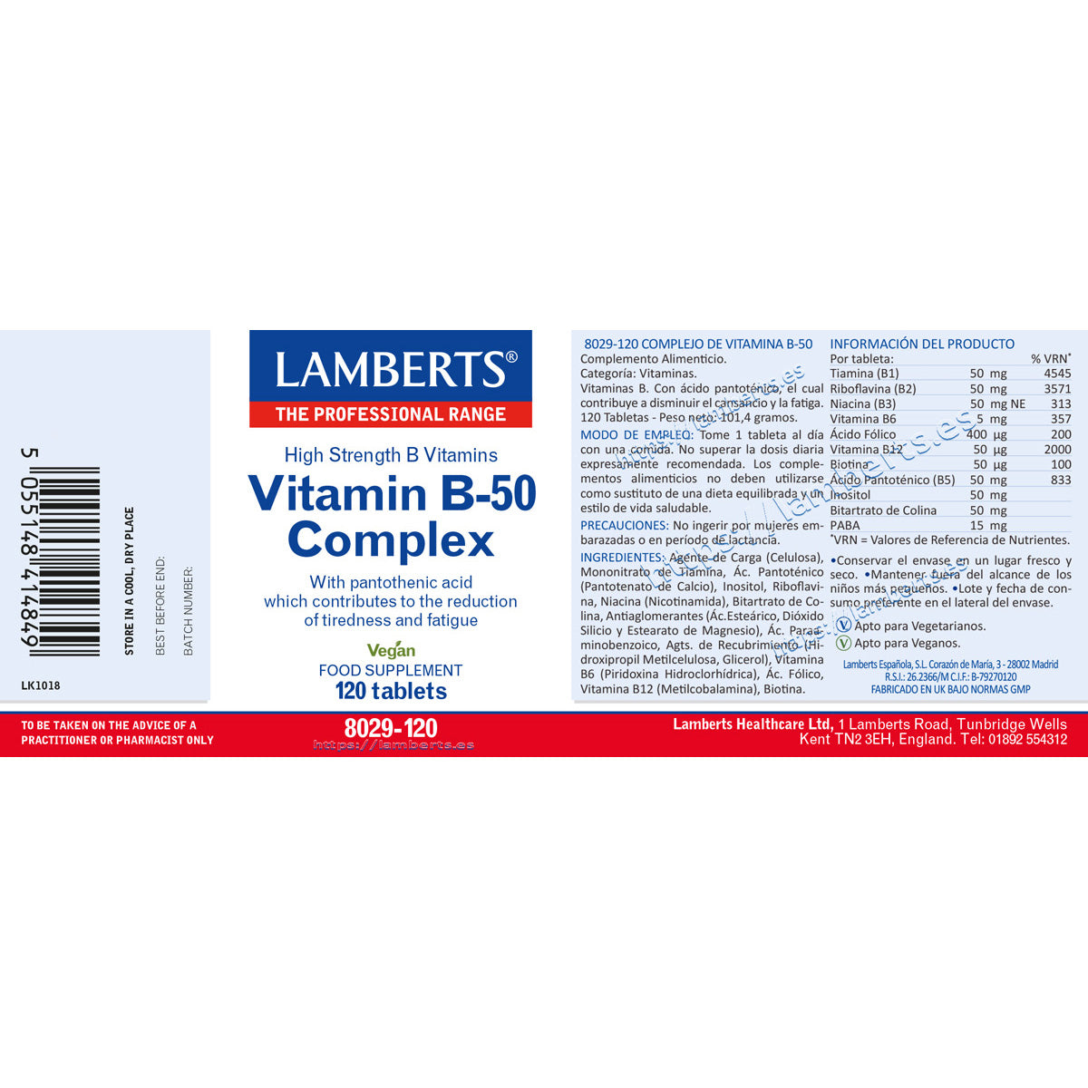 Vitamine B-50 complex Lamberts 120 tabletten