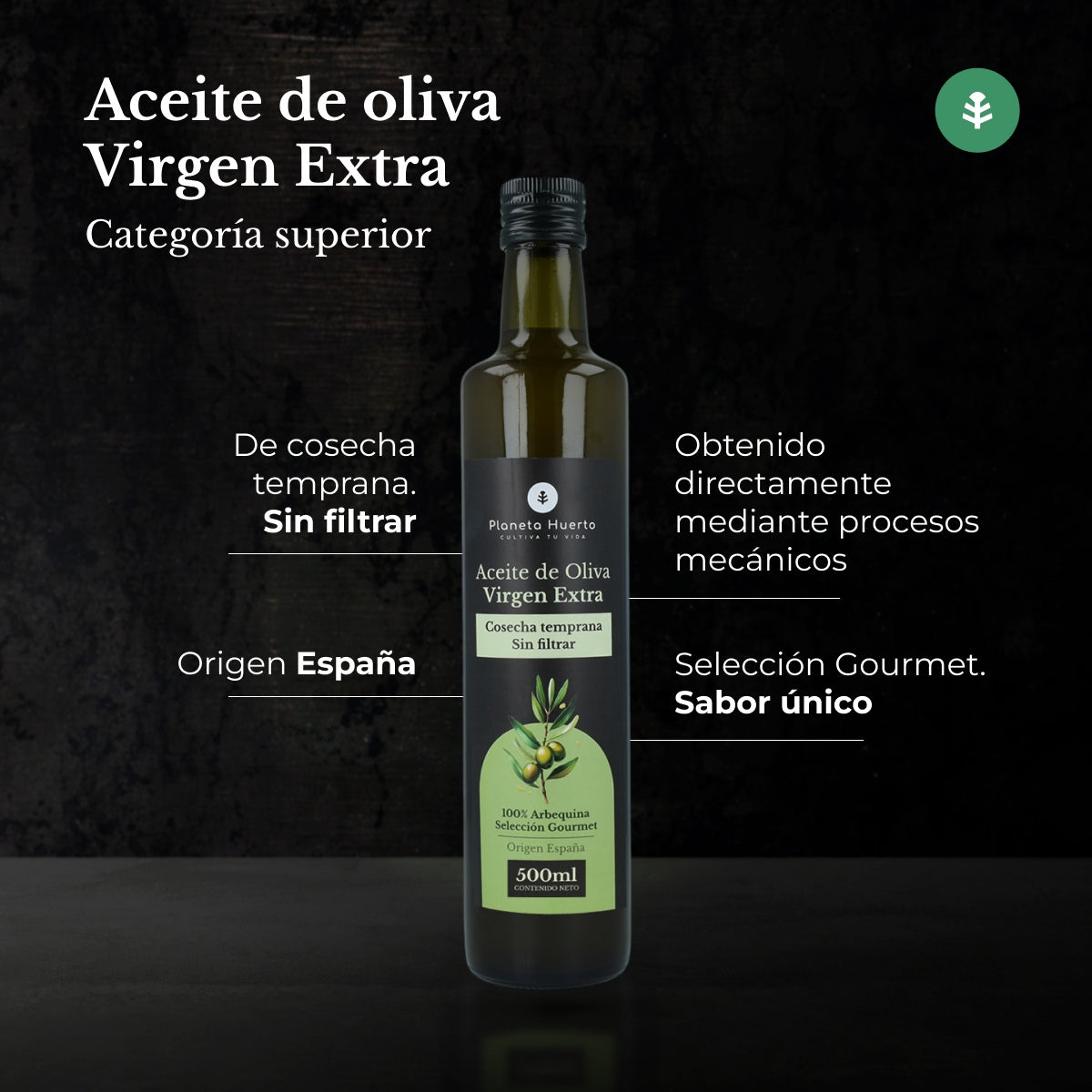 Confezione da 3 oli extravergine di oliva di prima raccolta verde non filtrato Planeta Huerto 500 ml