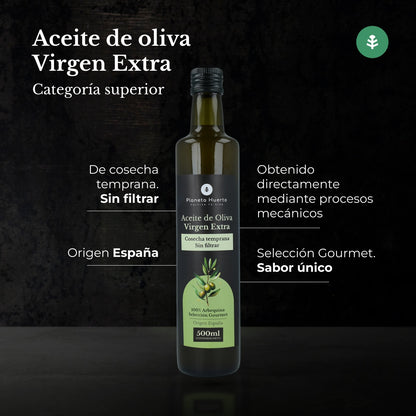 Confezione da 3 oli extravergine di oliva di prima raccolta verde non filtrato Planeta Huerto 500 ml
